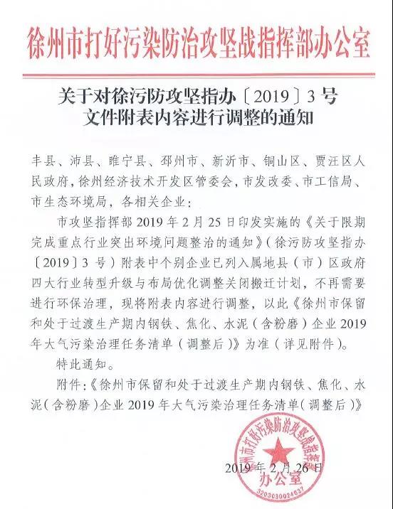 《徐州處于保留和過渡期內(nèi)鋼鐵、水泥、焦化企業(yè)2019年大氣污染治理任務(wù)清單》